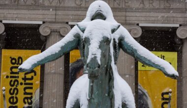 Appeal to the Great Spirit by Cyrus Dallin in the snow outside the Museum of Fine Art.