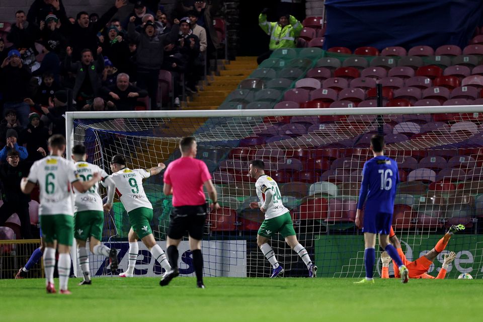 Sean Maguire of Cork City, centre, celebrates after scoring his side's first goal during the SSE Airtricity Men's First Division match between Cork City and Bray Wanderers at Turner's Cross in Cork. Photo by Michael P Ryan/Sportsfile