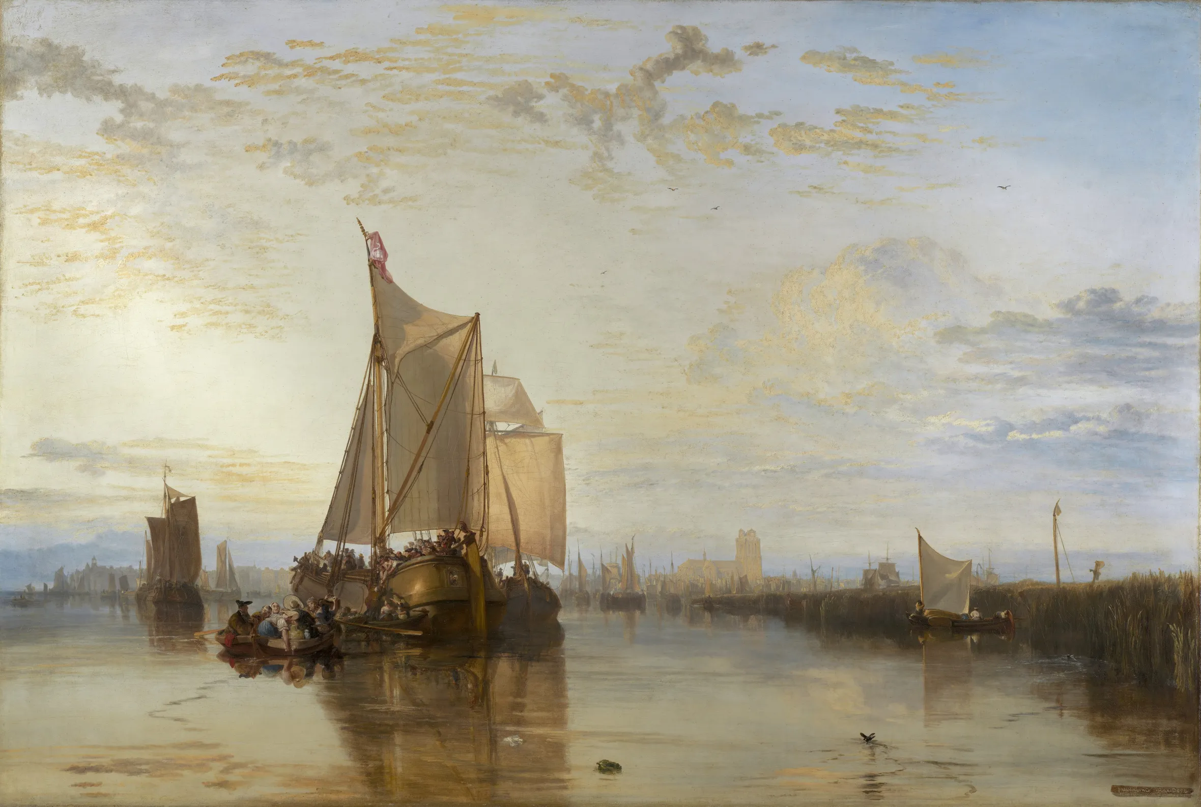 An oil painting titled "The Dort Packet-Boat from Rotterdam Becalmed" by J.M.W. Turner depicts large sailboats crowded with passengers on a still river, with a town's church tower visible in the background under a cloudy sky.