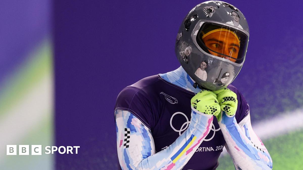 Vladyslav Heraskevych wearing his helmet during training at Winter Olympics in Cortina