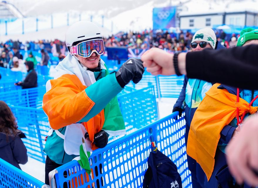 Ireland's Benjamin Lynch celebrates after qualifying for the final of the Men's Freestyle Halfpipe at the Livigno Snow Park, on day 14 of the Milano Cortina 2026 Winter Olympics. Photo: David Davies/PA Wire