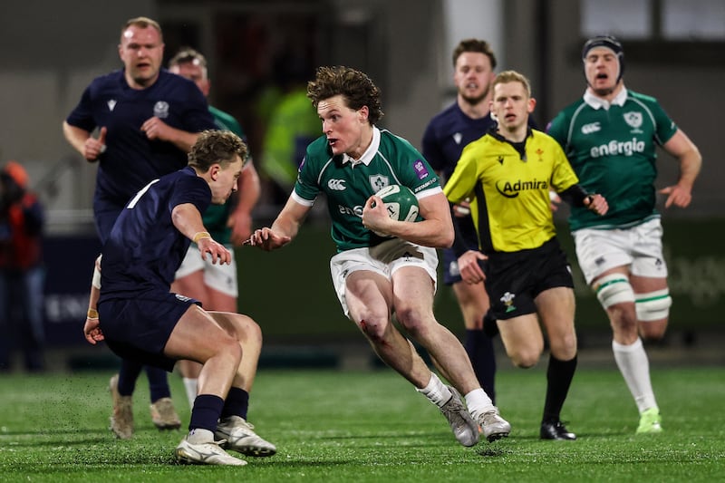 Ireland Club XV's Myles Carey comes up against Ben Pickles of Scotland Club XV. Photograph: Ben Brady/Inpho