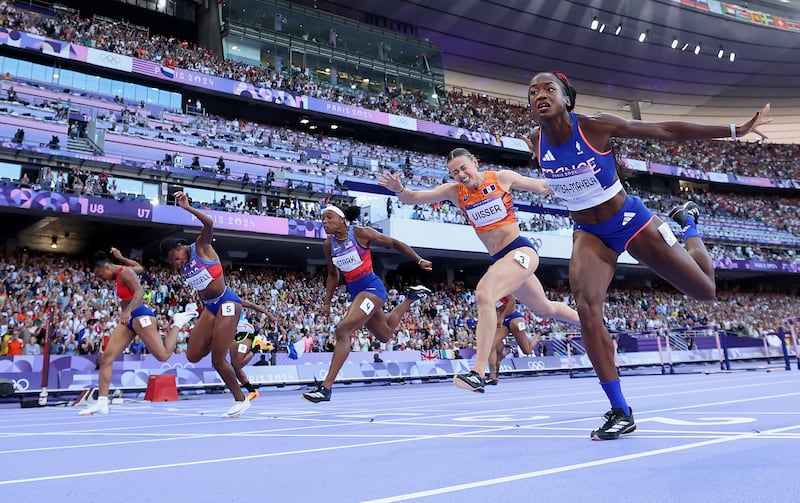 Masai Russell (second left) won the gold medal ahead of Cyrena Samba-Mayela in the women's 100m hurdles at the Paris Olympics. Photograph: Patrick Smith/Getty Images