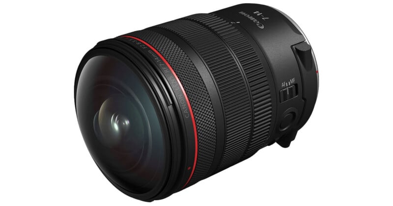 A Canon RF 14-35mm f/4 L IS USM camera lens with a large, curved front element and red ring, shown at an angle on a white background.
