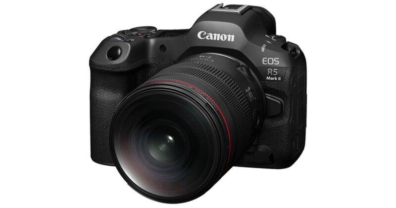 A Canon EOS R5 Mark II digital camera with a large lens attached, shown from a front angled view on a white background.