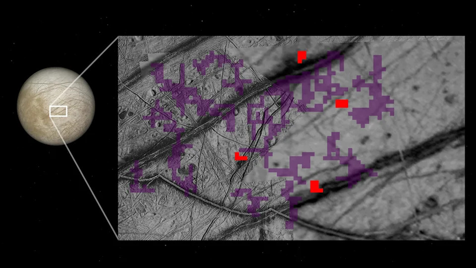  Composite image showing Europa at left with a box out highlighting a section of the moon's surface. The boxout image is gray with red and purple boxes overlaying it in some areas. . 