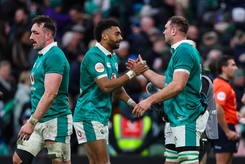 Ireland's Robert Baloucoune and Tadhg Beirne celebrate after the match. Photograph: Ben Brady/Inpho