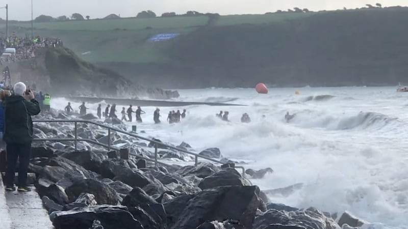 Eyewitness footage captures swimmers entering heavy seas as part of the Youghal Ironman event. Video still: Lisa Shine