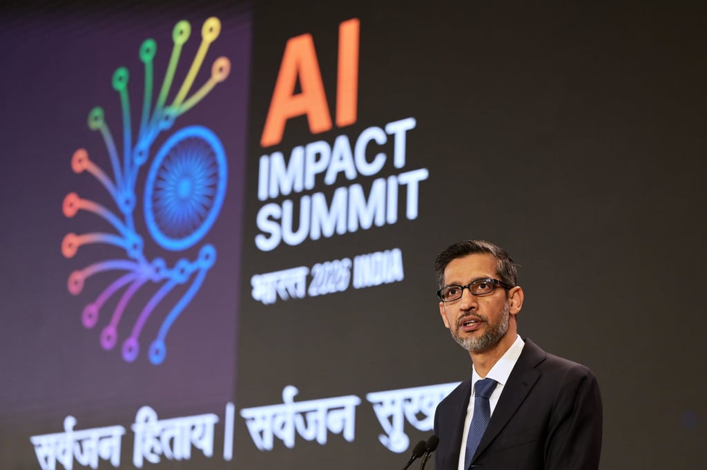 Google CEO Sundar Pichai speaks at the AI Impact Summit in New Delhi, India, on February 20. Photo: AP