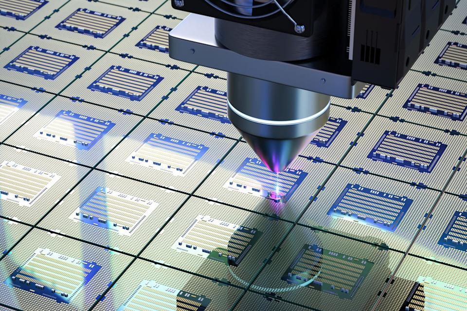 Computer processors being made in a chip foundry.