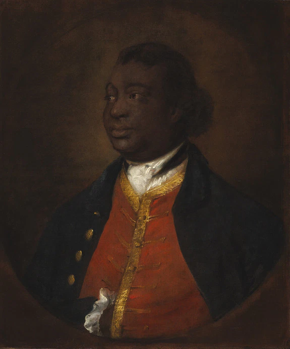 Portrait of a man in historical red and black attire looking left, with a dark background.