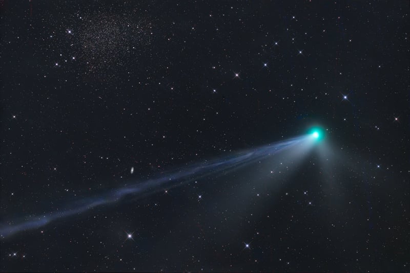 Comet E1 Wierzchos passes the Sculptor Dwarf Galaxy PGC 3589 on February 14th, 2026. Credit: Gerald Rhemann.