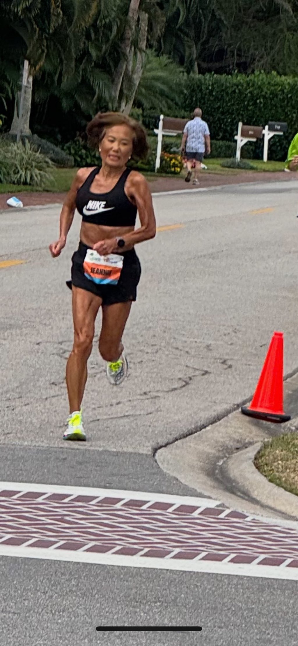 Jeannie Rice runs during a half-marathon in Naples, Florida, on January 18, 2026. The 77-year-old completed the race in 1:43:13, taking first place among the three competitors in the women’s 75- to 79-year-old age group. Photo: Facebook/jeannie.k.rice