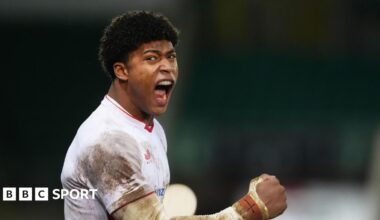 England's Noah Caluori celebrates during the Under-20 Men's Six Nations match with Wales