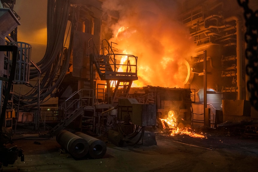 Fire coming out of a steel making furnace.