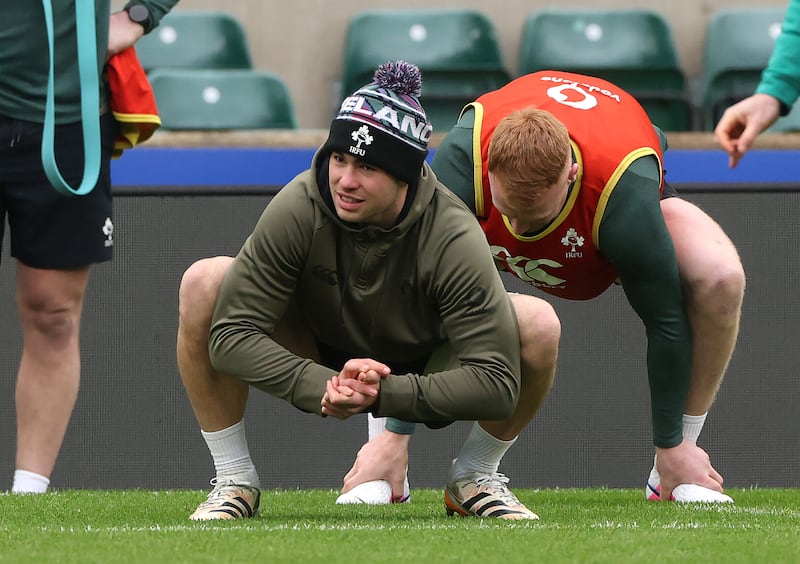 Ireland's Jack Crowley limbers up during the captain's run on Friday. Photograph: Getty Images