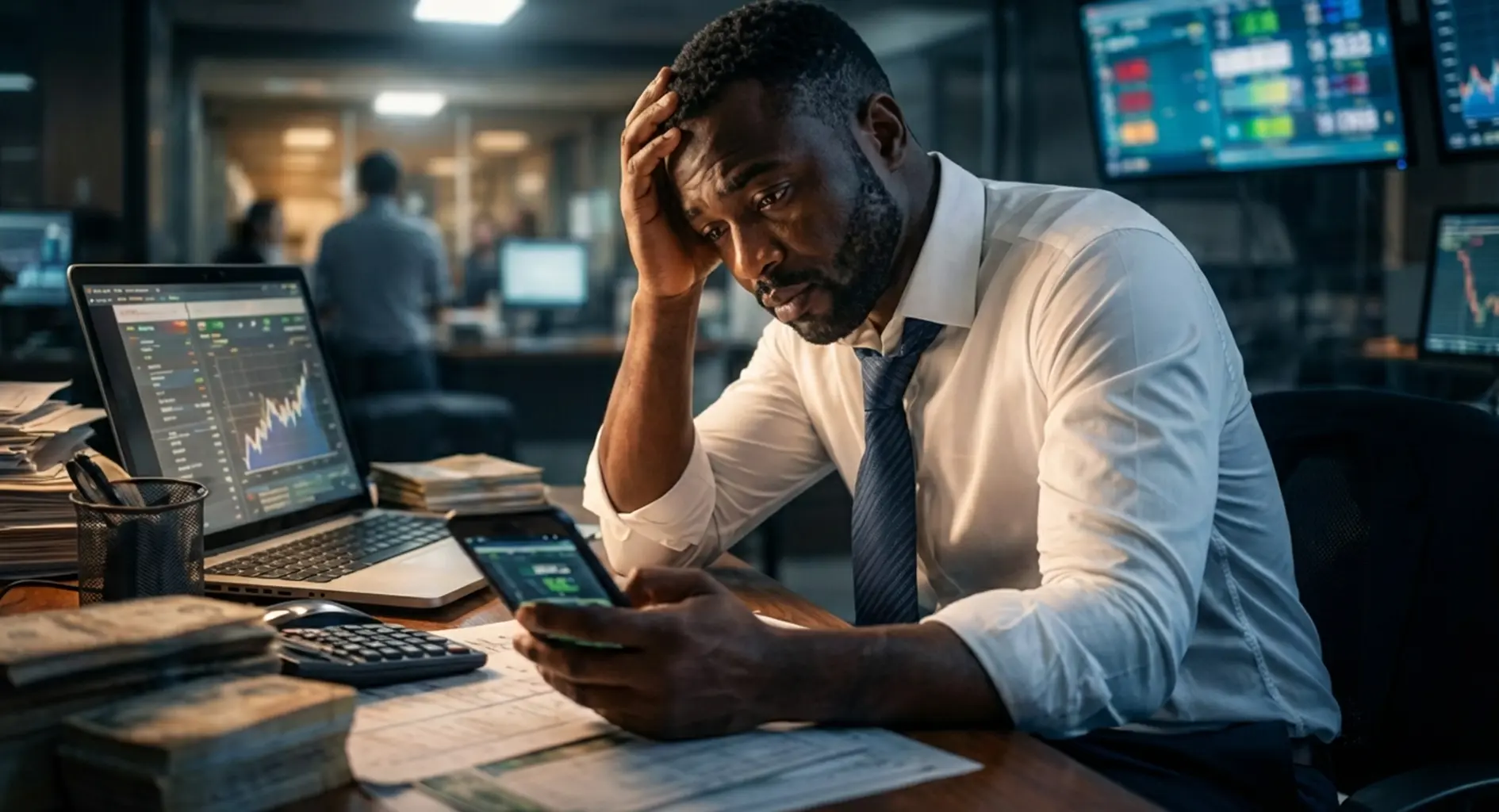 AI-generated image of a banker battling gambling addiction