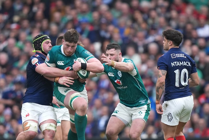Ireland's Joe McCarthy carries the ball forward during last year's Six Nations defeat to France at the Aviva Stadium. Photograph: Niall Carson/PA Wire