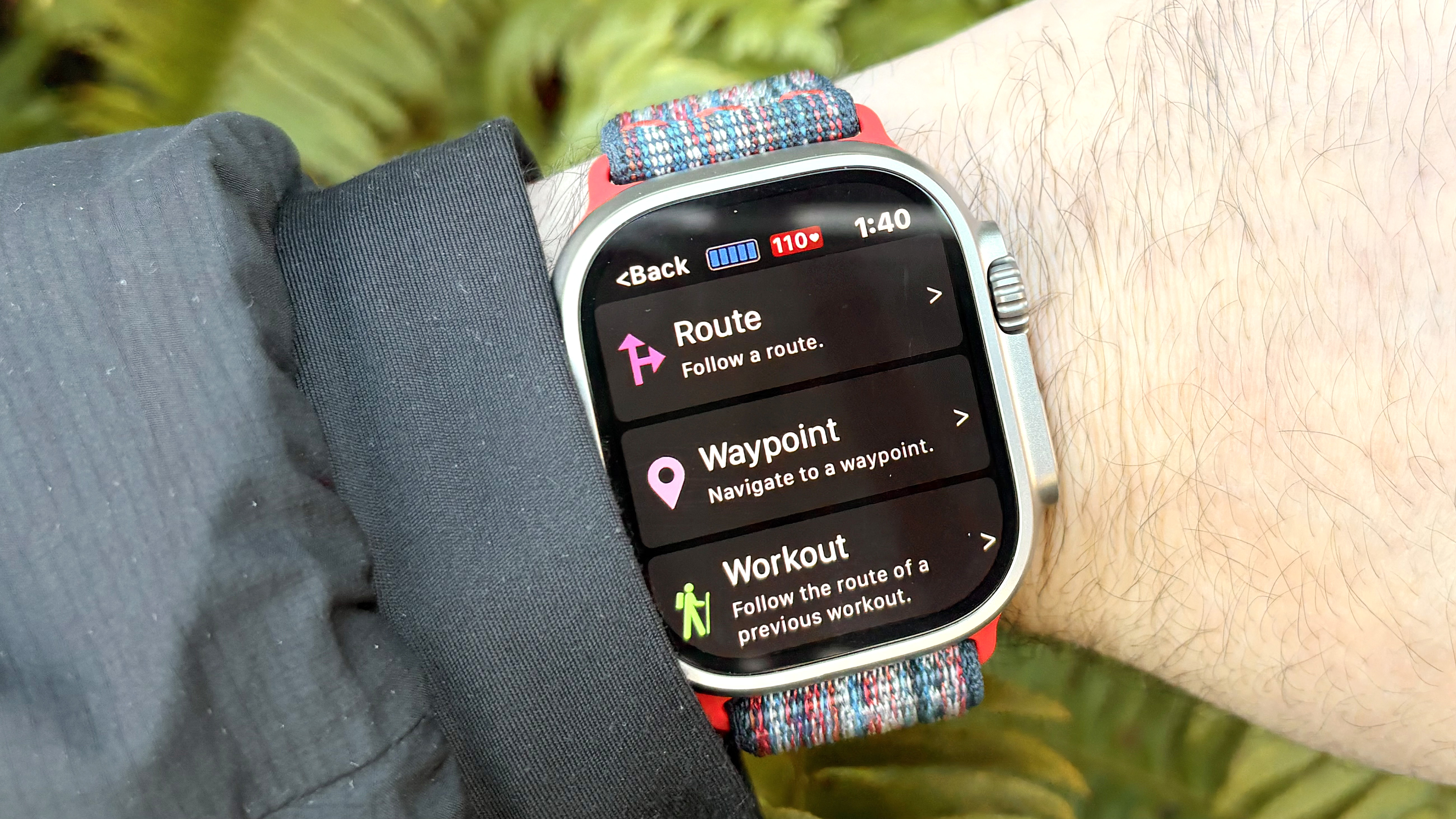 Close-up of the Apple Watch Ultra 3 showing the WorkOutDoors hiking app