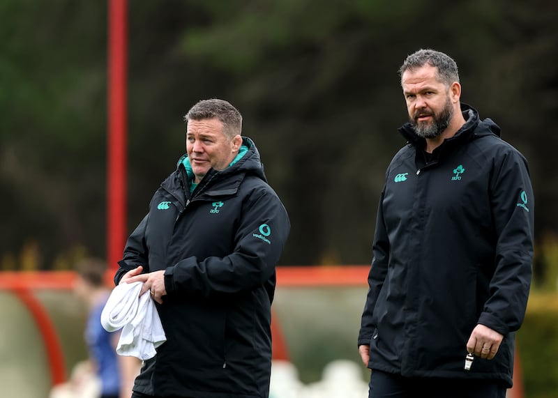 Ireland scrum coach John Fogarty with head coach Andy Farrell at squad training in Portugal on Thursday. Photograph: Ben Brady/INPHO