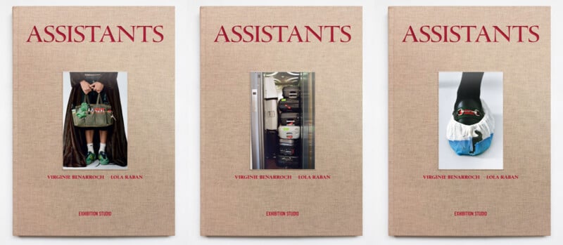 Three beige books titled "ASSISTANTS" with red text are displayed side by side. Each book cover features a different photo related to travel and luxury items, and the authors are listed as Virginie Benarroch and Lola Rabin.