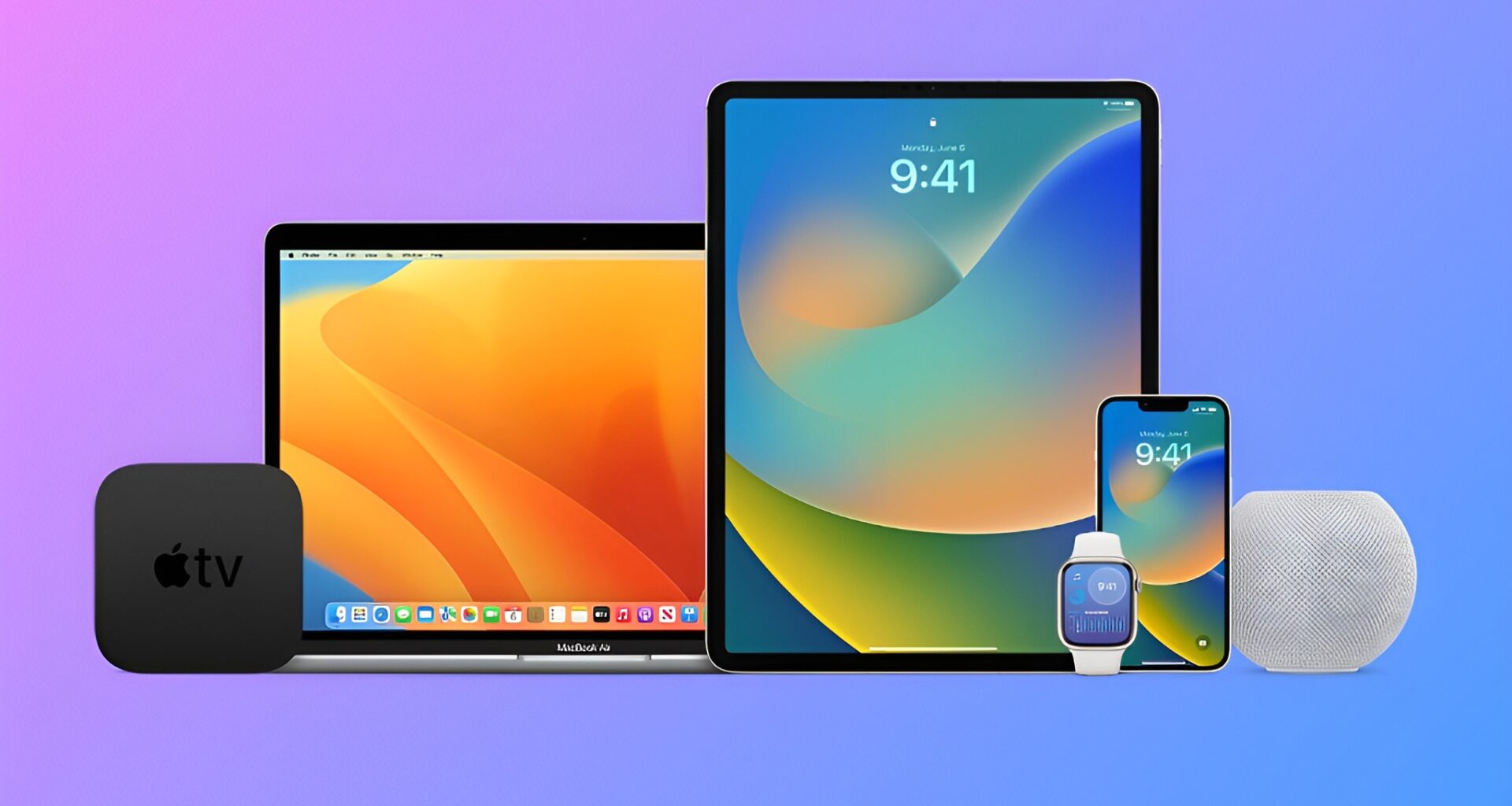 A lineup of Apple products including a MacBook Air, iPad, iPhone, Apple Watch, Apple TV, and HomePod Mini displayed against a gradient background.
