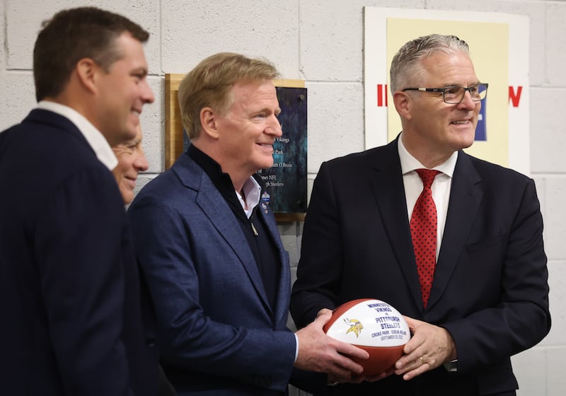 Daniel Rooney and Art Rooney II of the Pittsburgh Steelers, NFL commissioner Roger Goodell and GAA president Jarlath Burns at the game in Croke Park last September. Photograph: James Crombie/Inpho