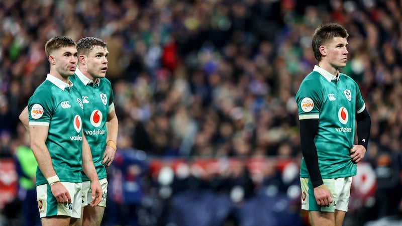 Ireland's Jack Crowley, Garry Ringrose and Sam Prendergast at the end of Thursday night's Six Nations match in Paris. Photograph: Ben Brady/Inpho
