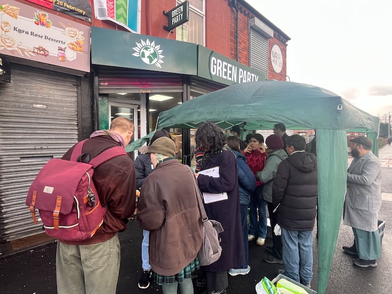 An energised crowd outside the Greens campaign office in Gorton last week. Photograph: Mark Paul