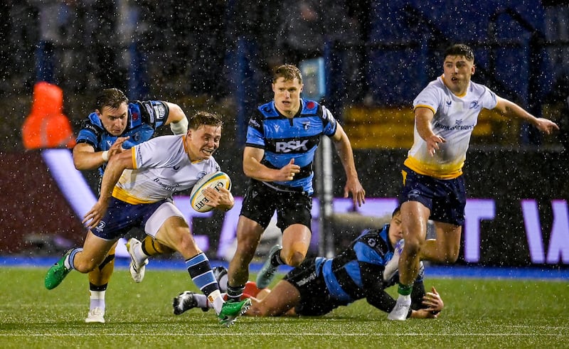 Leinster's Fintan Gunne is tackled by Cardiff's Taine Basham. Photograph: Andrew Dowling/Inpho