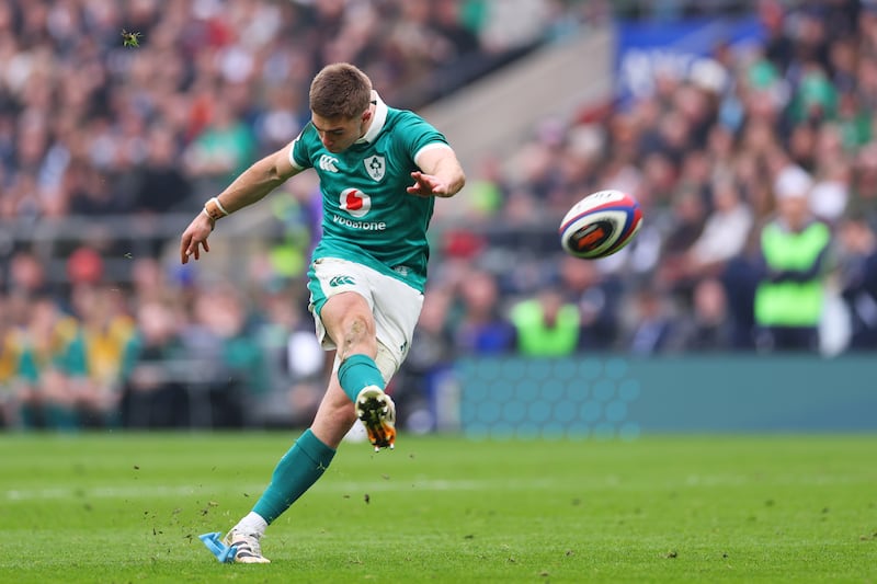 Jack Crowley kicks Ireland's first penalty. Photograph: Warren Little/Getty Images