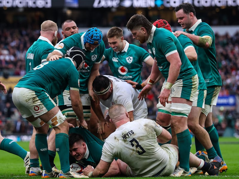 Dan Sheehan celebrates after scoring Ireland's fourth try. Photograph: Ben Brady/Inpho
