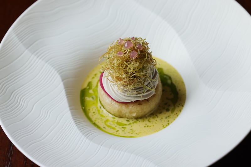 Smoked mackerel velouté, crumpet, mackerel paté and pickled onion. Photograph: Alan Betson