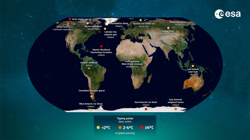 Climate tipping points are key thresholds in Earth systems like oceans, ice sheets, and forests, where warming can push the climate into a new state. Once crossed, these changes can be hard to reverse and can start a chain reaction that affects ecosystems, weather extremes and the global climate. Credit: ESA