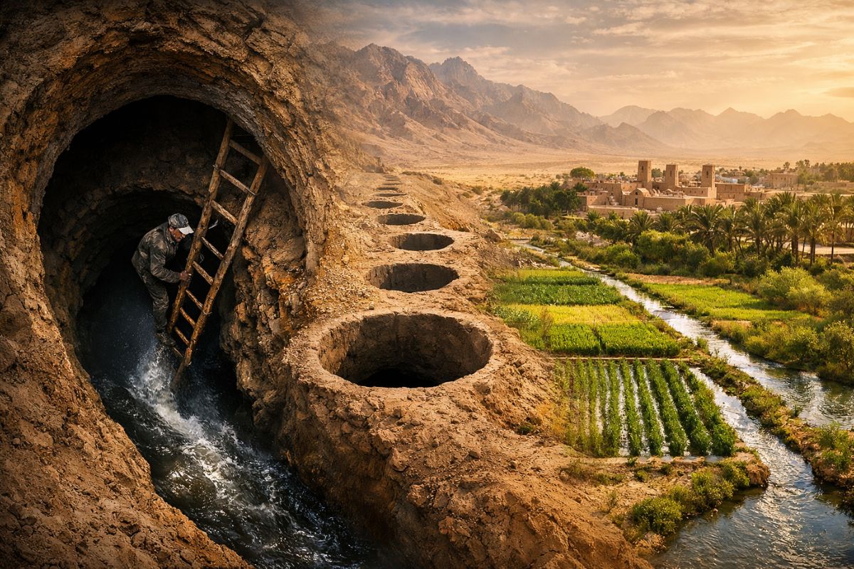 In the Iranian desert, qanats carry water from an aquifer to wells; modern advancement has broken boundaries and exacerbated the water crisis.