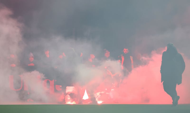 A view of flares on the pitch at Oriel Park in Dundalk on February 20th. Photograph: Nick Elliott/Inpho
