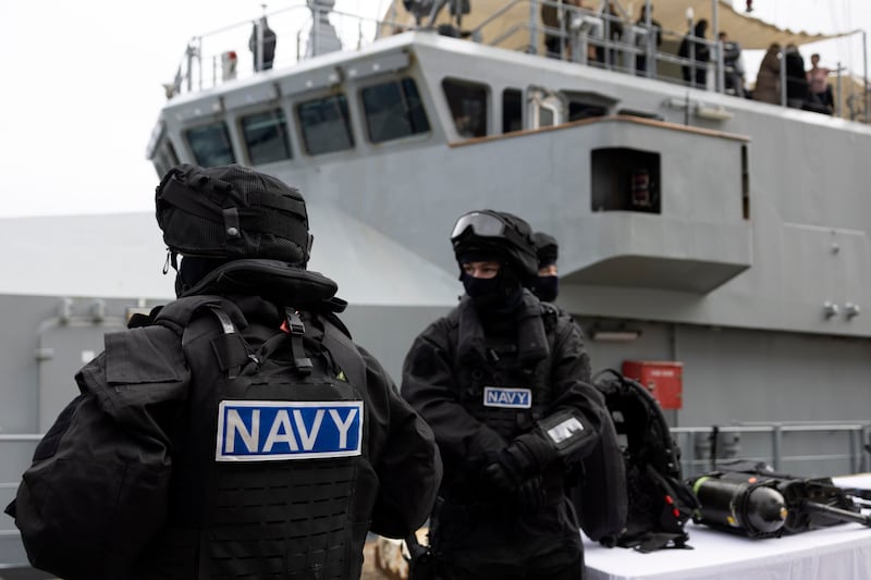 Sailors prepare for Minister for Defence Helen McEntee to launch the National Maritime Security Strategy aboard the LÉ Samuel Beckett at Sir Rogerson's Quay, Dublin.
Photograph: Chris Maddaloni