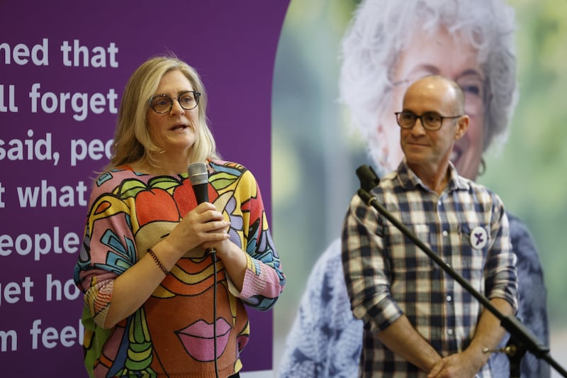 Volunteers Rachael Davies and Graham Murray speak at the Volunteer Day launch of St Joseph’s Shankill & Dublin City University research on the impact of structured volunteering in dementia care. Photograph: Nick Bradshaw/The Irish Times