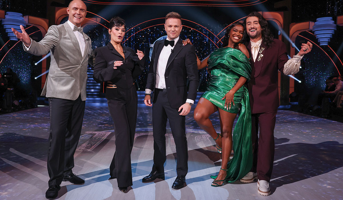 Nicky Byrne ,Oti Mabuse, and Arthur Gourounlian during the live show of RTE’s Dancing With The Stars. Pic:Kyran O’Brien /kobpix