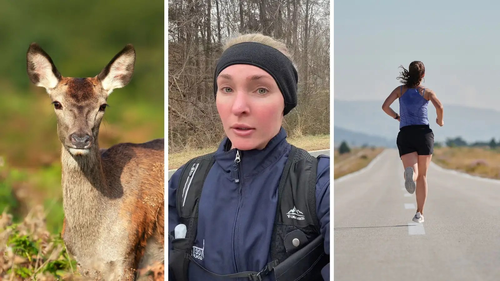 doe on the roadside (l) woman shares running experience (c) woman running on the road (r)