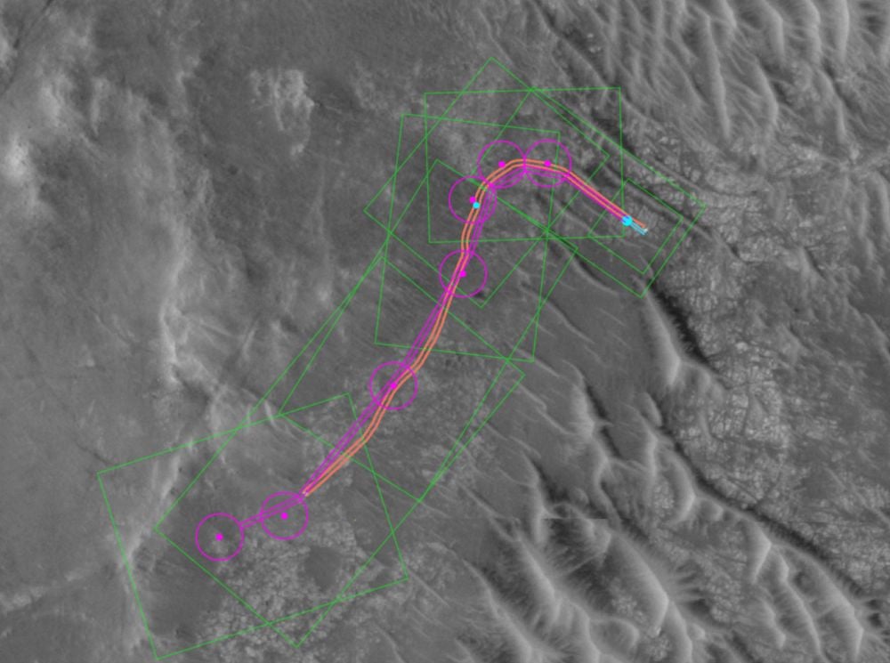 This annotated orbital image shows Perseverance's route during its second day of autonomous driving on Dec. 10th, 2025. The magenta line shows the AI-planned route and the orange line shows the actual route. Image Credit: NASA/JPL-Caltech/UofA