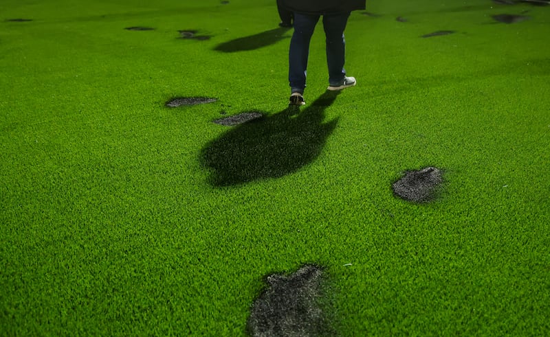 Significant damage was caused to the Oriel Park pitch by the throwing of flares during last Friday's match between Dundalk and Drogheda United. Photograph: Nick Elliott/Inpho