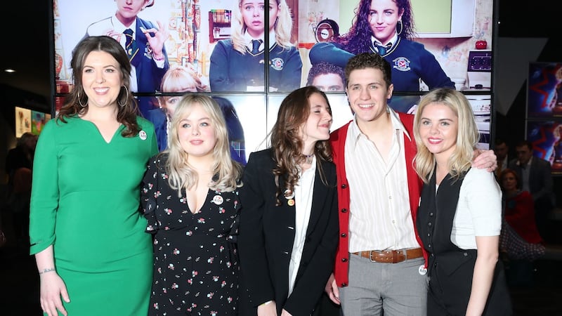 Writer Lisa McGee with Derry Girls cast members Nicola Coughlan , Louisa Harland, Dylan Llewellyn and Saoirse-Monica Jackson. Photograph: Niall Carson/PA Wire