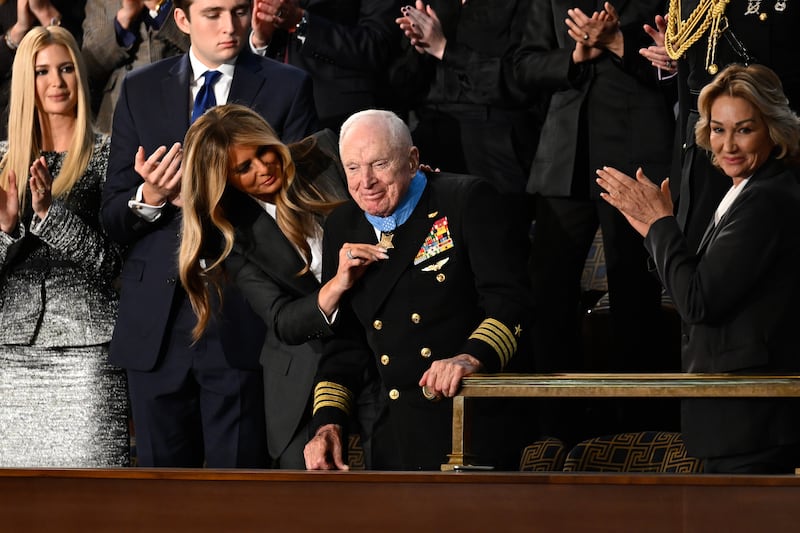 US first lady Melania Trump presents the Medal of Honor to Royce Williams, a 100-year-old Korean War veteran, during Donald Trump's state of the union address. Photograph: Daniel Heuer/Bloomberg