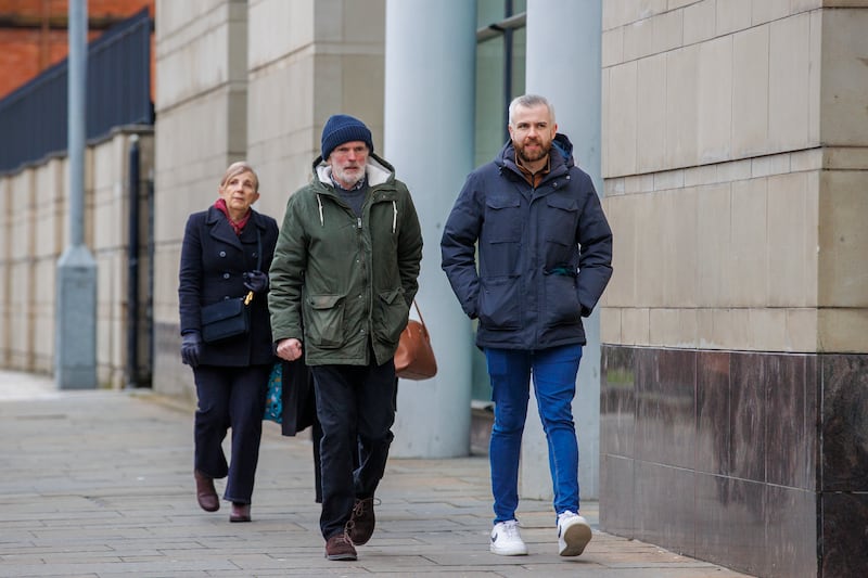 Natalie McNally's father Noel (second right), mum Bernie (left) and brother Niall (right) outside Belfast Crown Court on February 19th. Photograph: Liam McBurney/PA Wire