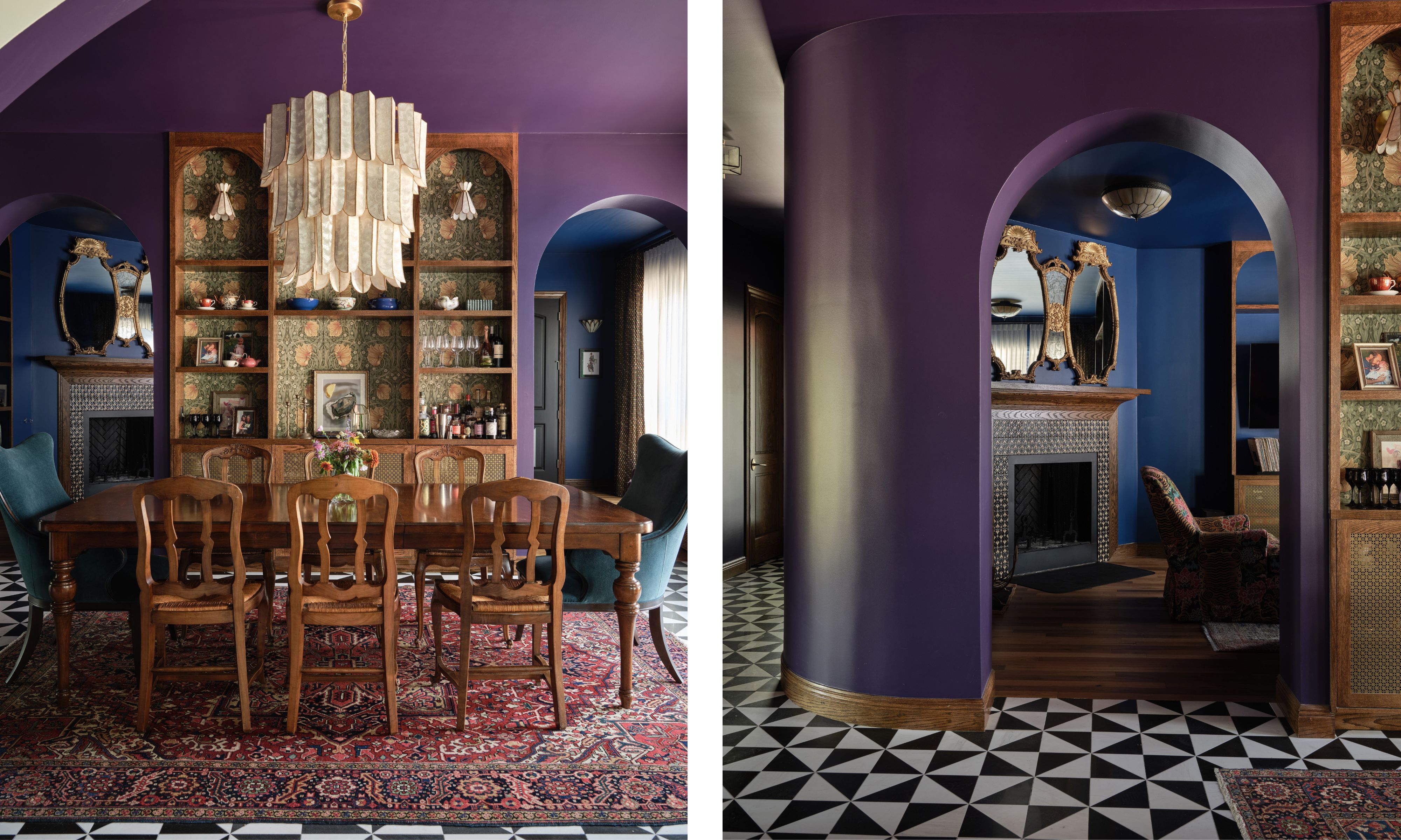 two shots next to each other of the same purple dining room, on the left shows the whole space with wood dining table and chandelier, on the right shows a look through into the dark blue living room beyond