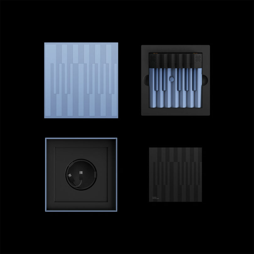 Four square objects arranged in a grid on a black background, each featuring a piano key pattern in different colors and levels of abstraction.
