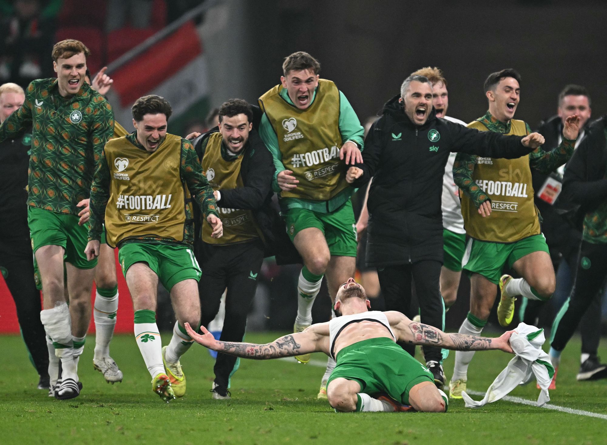 A celebratory slide as the Irish bench take to the field in delight