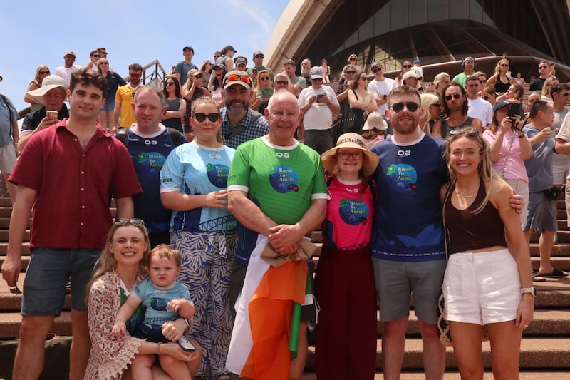 Fergal Guihen's family at Sydney Opera House, where Guihen's 30,000km cycle came to an end on Saturday. Photograph: Jody Coffey