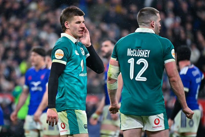 Ireland's Sam Prendergast and Stuart McCloskey during the Six Nations 2026 match between France and Ireland at Stade de France on February 5th. Photograph: Federico Pestellini/Eurasia Sport Images/Getty Images